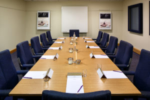The Sandringham room at Mercure Wetherby Hotel set up for a boardroom style meeting